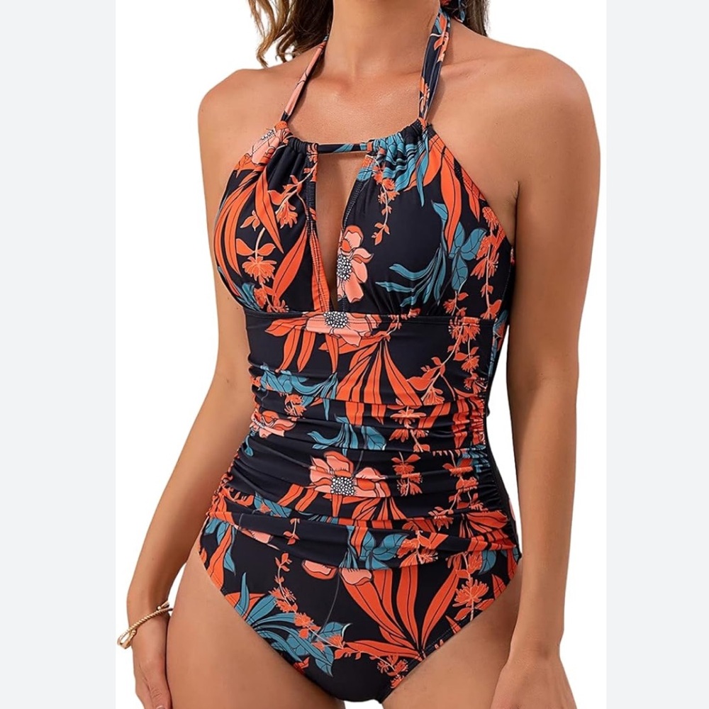 NWOT Women’s One Piece Swimsuit Deep Plunge Halter High Waisted Tummy Control